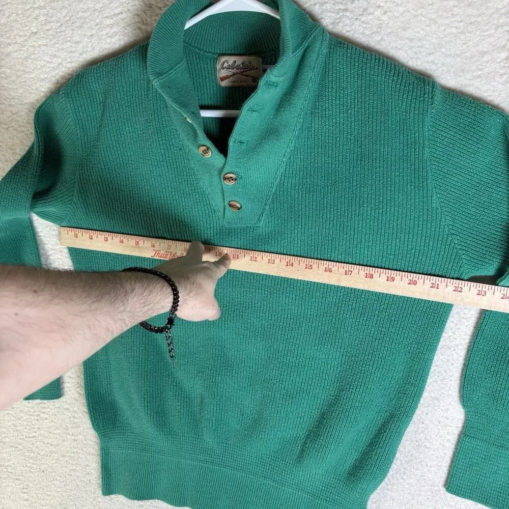 Vintage Cabelas SweaterMens Medium Green USA Made Ribbed Knit 1/4 Button READ